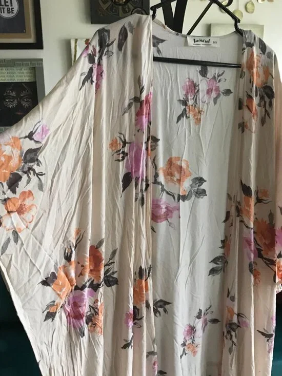 THREE BIRD NEST Cream Orange Pink Floral Bohemian Open Duster Kimono Cardigan OS - Picture 2 of 5
